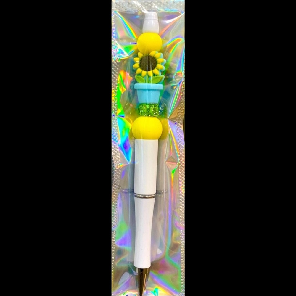 Sunflower Bright Yellow, Blue Planter, and White Beaded Pen